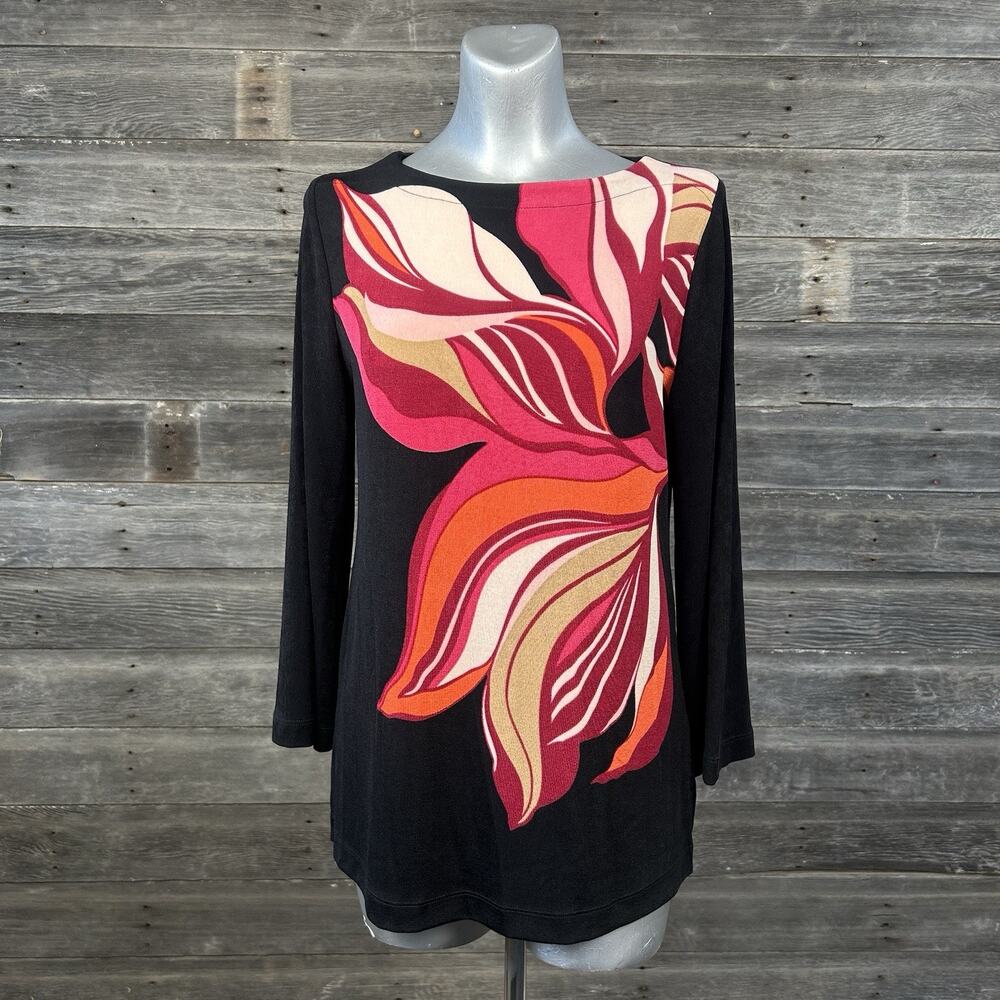 Chico’s Size 0 (US Small) Black Floral Tunic Top Shirt Boat Neck Stretch Travel